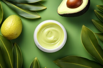 Cold season nourishing moisturizing lip balm with avocado oil on green background Free space for text and ads Top view Mock up