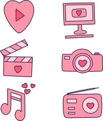 Set of Valentine's day hand drawn vector illustration. Play button hearts, computer, clapperboard, camera, music and radio.