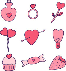 Set of Valentine's day hand drawn vector illustration. Potion bottles, rings, flowers, balloons, heart arrows, lights, cakes, candy, and strawberries.