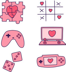 Set of Valentine's day hand drawn vector illustration. Heart puzzle, heart tic-tac-toe, gamepad, games, dice, and PSP pad.