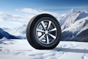 Computer generated winter landscape featuring a snowy mountain with a tire specifically designed...