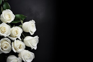 Condolence card with white roses on dark background Space for emotional text Top view - obrazy, fototapety, plakaty