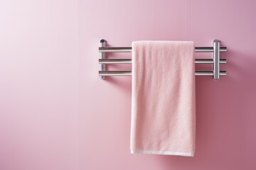 Contemporary heated towel rack with cozy towel on pale pink wall Room for inscription