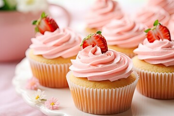 Cupcakes with strawberry cream cheese frosting swirled - obrazy, fototapety, plakaty