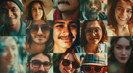a collage of photos of different people of diverse background, gender, ethnicity, and occupation smiling at camera - obrazy, fototapety, plakaty