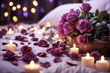 Romantic Honeymoon Bedroom with purple roses and candles decoration for valentine date