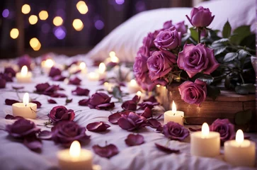 Fototapeten Romantic Honeymoon Bedroom with purple roses and candles decoration for valentine date © Johan Wahyudi