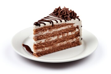 Delicious chocolate cake perfect for coffee breaks presented on a white background