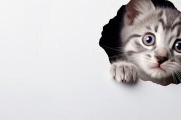Adorable gray kitten s paws peek out of torn paper hole Striped fluffy cat paws on paper background...