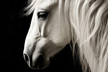 Detail of a white horse s head captured in a black and white photograph specifically focusing on the back