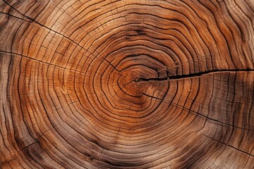 Detailed close up of an old oak tree s cut surface showcasing warm dark brown and orange tones rough organic texture and tree rings end grain