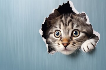 Adorable kitten paws poking through ripped paper with empty space for ads or text