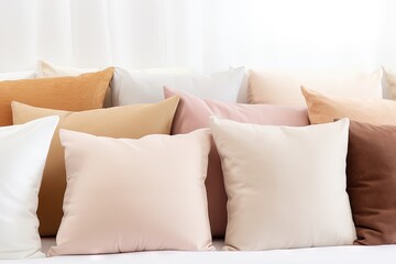 Different soft pillows arranged on a white background for banner design