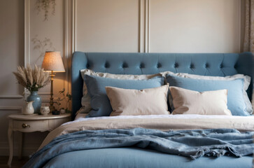 Close up bed with beige fabric headboard and blue pillows and blanket. French country, provence interior design of modern bedroom.
