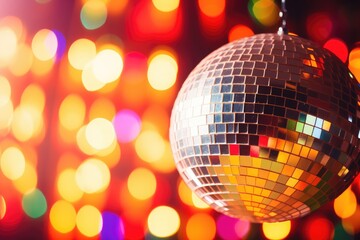 Obraz premium Disco ball lights at night club create colorful background with selective focus