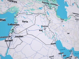 3d rendering illustration of lcd screen close up with middle east region and Iraq in focus