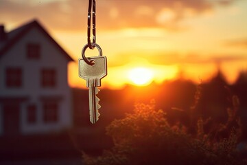 Dreaming of a new house mortgages renting and buying real estate defines the figure of a house silhouette with a keychain against the sunset backdrop - obrazy, fototapety, plakaty