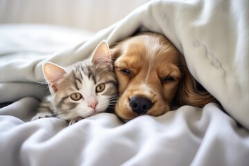 Fototapeta na wymiar English Cocker spaniel pup cuddles kitten pets sleep under a cozy blanket at home