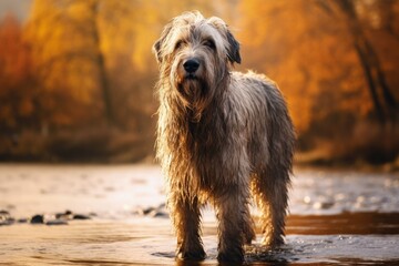 Naklejka na ściany i meble Enormous Irish wolfhound stands by river with blurry fall backdrop