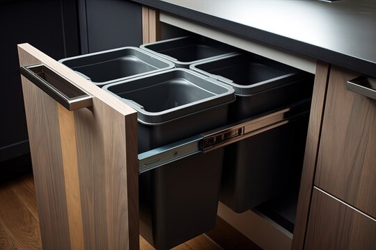 Empty kitchen trash bins in cabinet for sorting waste