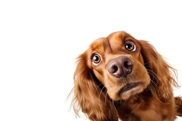 Fish eye studio photo of a gorgeous English cocker spaniel s muzzle gazing at the camera on a white backdrop Depicting pets motion and the love of anima - obrazy, fototapety, plakaty