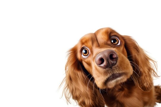 Fish eye studio photo of a gorgeous English cocker spaniel s muzzle gazing at the camera on a white backdrop Depicting pets motion and the love of anima