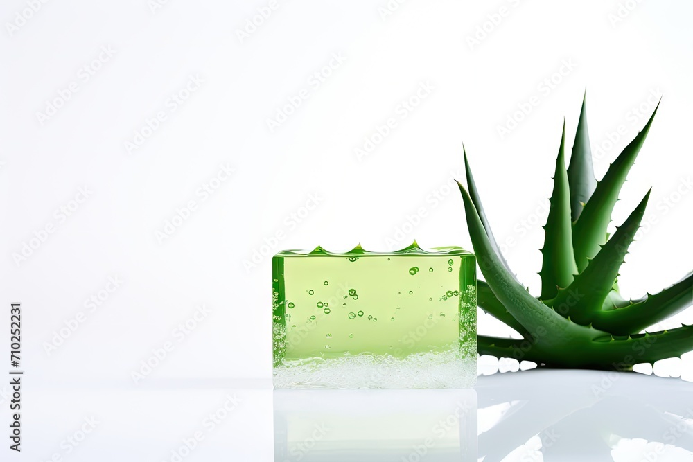 Sticker Aloe vera oil and gel with green cactus leaf on white background