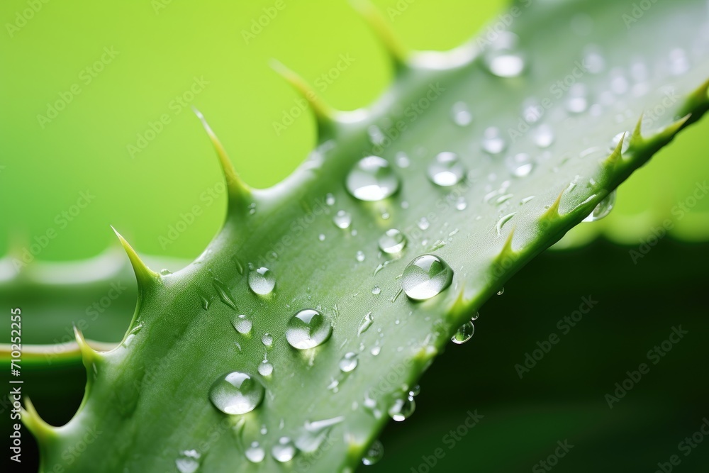 Poster fresh aloe vera leaves with water droplets against a soft green backdrop