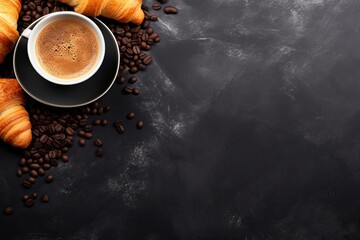 French breakfast with coffee croissant and space for text on a stone table seen from above - obrazy, fototapety, plakaty