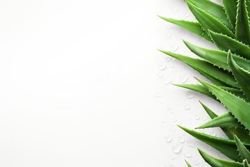 Fresh aloe vera leaves on light background with empty space for text in a flat lay arrangement