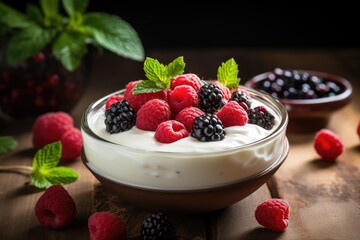 Fresh berries and natural yogurt combined in a bowl