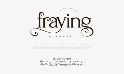 Fraying premium luxury elegant alphabet letters and numbers. Elegant wedding typography classic serif font decorative vintage retro. Creative vector illustration