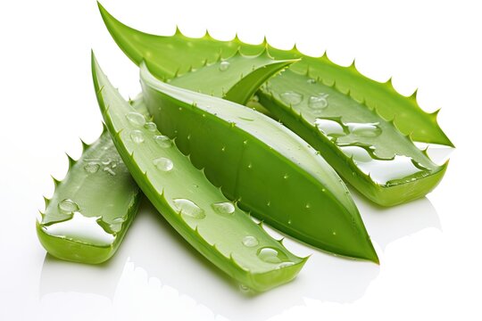 Fresh aloe leaves and slices on a white background