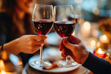 two glasses of red wine toasting dinner night