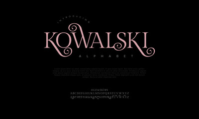 Kowalski premium luxury elegant alphabet letters and numbers. Elegant wedding typography classic serif font decorative vintage retro. Creative vector illustration