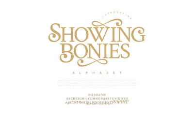 Showingbonies premium luxury elegant alphabet letters and numbers. Elegant wedding typography classic serif font decorative vintage retro. Creative vector illustration