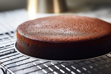 Freshly baked homemade chocolate chiffon cake on white table Fluffy moist and rich Using cooking...