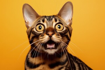 Funny brown Bengal cat portrait with open mouth and tongue out looking at camera on orange background