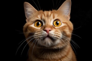 Funny portrait of happy ginger cat with open mouth and big eyes on black background