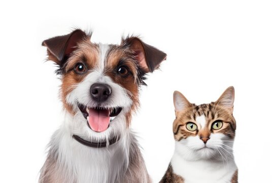Funny Jack Russell Terrier and cheerful Scottish Straight cat pictured alone on white background