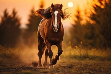 Foto op Plexiglas Gorgeous brown horse galloping in paddock during sunset © The Big L