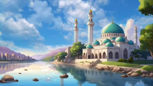 Beautiful mosque animation during ramadan with anime style illustration. seamless looping time-lapse 4k animation video background