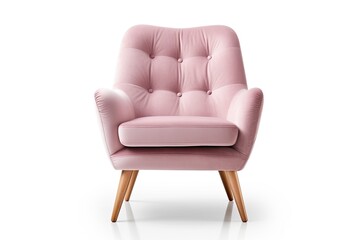 Art deco style armchair in pink velvet with wooden legs isolated on white background Front view shadow Furniture series