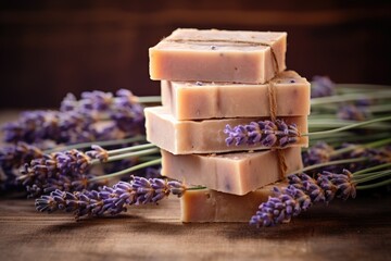 Obraz na płótnie Canvas Assorted lavender soap bars stacked on vintage wooden background with soft focus