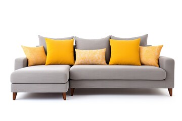 Grey linen sofa bed isolated on white Upholstered loveseat with armrests seat cushion Three seater couch with four yellow scatter pillows