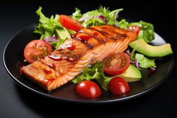 Grilled salmon fillet with fresh lettuce salad and avocado guacamole