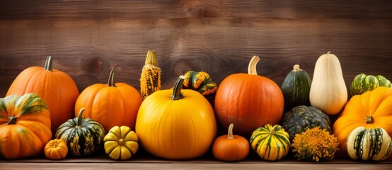 Assorted colorful pumpkins and gourds arranged in a row on a wooden surface against a dark background.