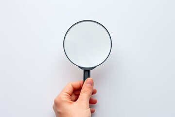 Hand holding magnifying glass over target board for business objectives on white background