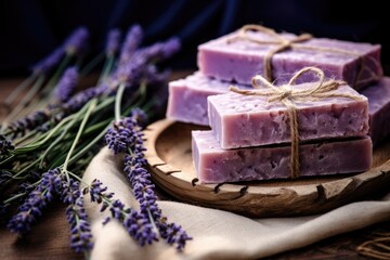 Fototapeta na wymiar Handcrafted lavender natural soap displayed on rustic spa background