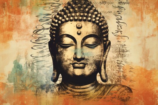 Grunge illustration of Buddha s face featuring Sanskrit Om Mani Padme Hum script